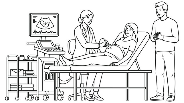 Pregnant woman undergoing ultrasound examination with partner present in medical clinic.
