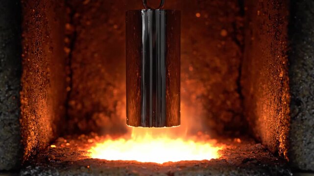 Molten Metal Glowing Beneath Suspended Steel Mold in Dark Industrial Furnace with Bright Fire, Sparks, Intense Heat, and Forging Scene