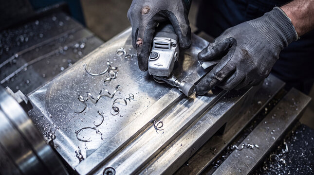 Gloved steelworker grinds a metal component with a handheld rotary power tool. Metal shavings surround the work area during precision finishing.