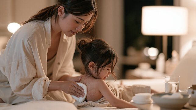 Filipino mother gently pressing a cold compress against her toddler's itchy rash covered back while the child squirms restlessly, pediatric home care setting, late evening soft
