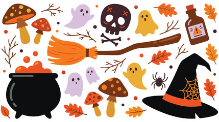 Obraz premium Spooky halloween icons collection with ghosts skull cauldron and witch hat.