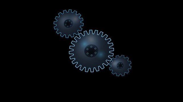 Rotating mechanical gears with glowing blue edges on black background