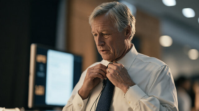 A man with silver hair adjusts a lavalier microphone wire beneath a dress shirt collar in a convention backstage zone, keynote slides glowing on a monitor at his side, hands