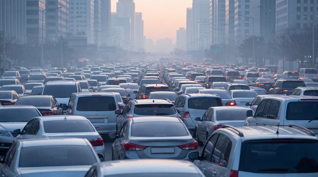Heavy road traffic with cars stuck in a dense urban traffic jam. Concept of congestion, rush hour, commuting delays and transportation problems in a modern city.
