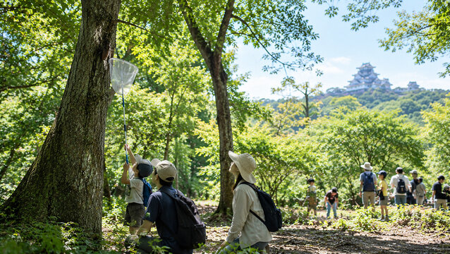 A parent and child catching cicadas in the forest.