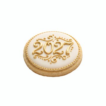 A beautifully decorated round sugar cookie, featuring elegant gold icing forming the year '2027' with intricate swirls and delicate pearl-like edible beads, presented on a clean white background, evok