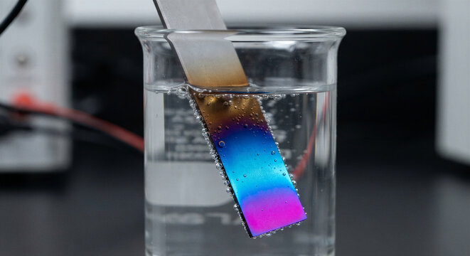 Electrochemical titanium anodization process showing a vibrant gradient of thin-film interference colors from bronze to royal blue and magenta in advanced materials chemistry