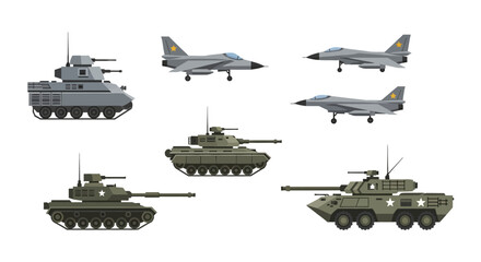 Obraz premium Military Vehicles & Jets: Flat Vector Illustration on White