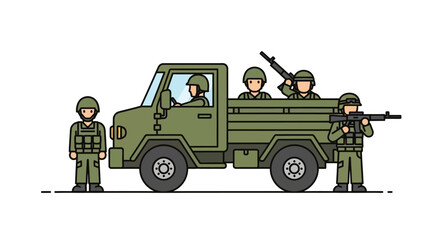 Obraz premium Military Truck with Soldiers: Flat Illustration