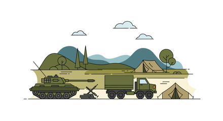 Obraz premium Military Vehicles & Camp Illustration: Tank, Truck & Tents in Landscape