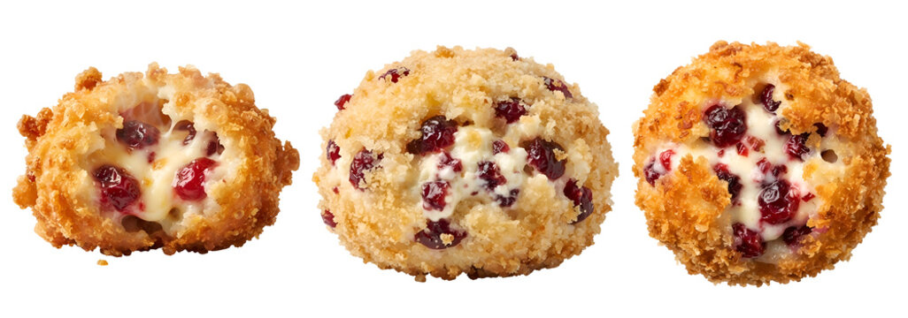 Deep fried breaded cheese balls filled with sweet red cranberries and melted creamy goat cheese served as a gourmet appetizer snack on transparent background