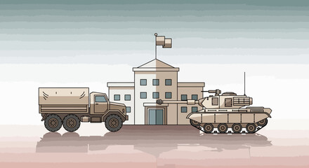 Obraz premium Military Vehicles and Building: Animated Illustration of War Concept