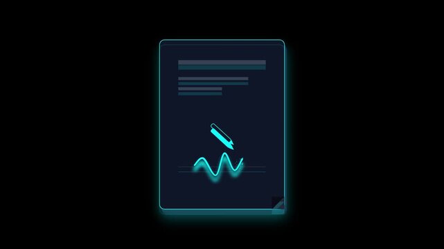 Glowing blue digital document interface with abstract data lines on dark background
