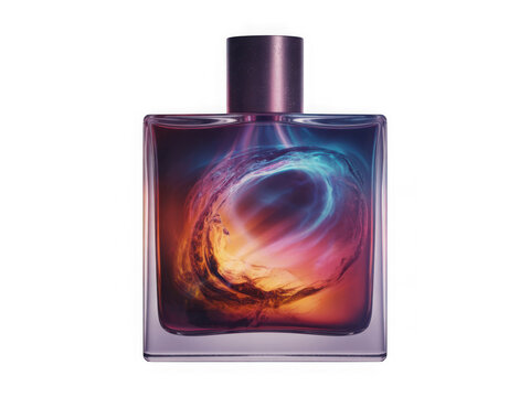 Square glass perfume bottle with abstract colorful liquid isolated on white