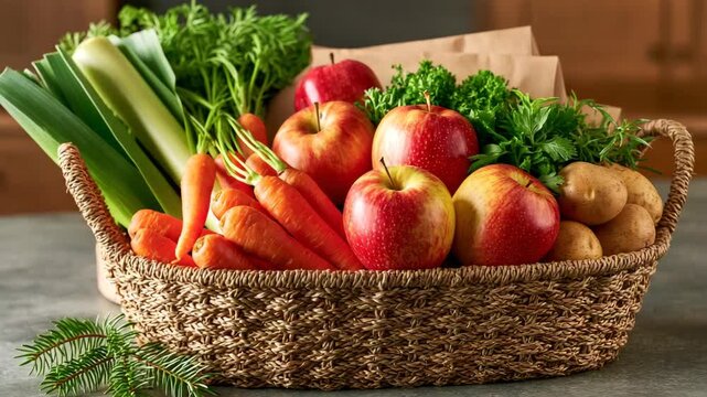 Reusable Shopping Tote with Fresh Winter Vegetables on Kitchen Island