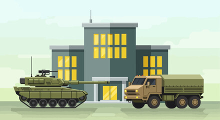 Obraz premium Military Vehicles and Building Illustration