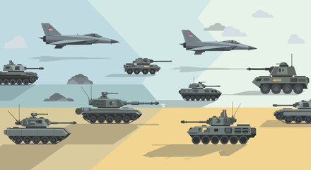Obraz premium Military Vehicles and Aircraft Formation in Vector Illustration