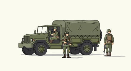 Obraz premium Military Truck with Soldiers Illustration, Pixel Art Style