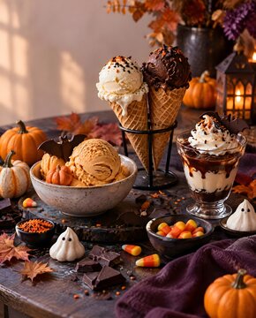 Halloween ice cream dessert table with pumpkins, cones and sweet treats