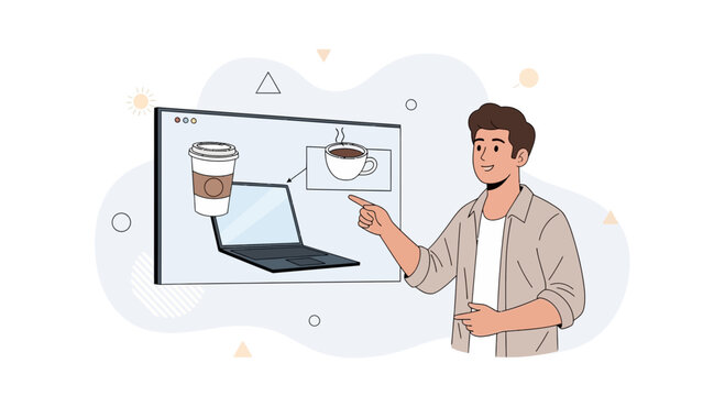 Man pointing at laptop screen displaying coffee cup and takeaway cup, modern illustration style with abstract background elements.
