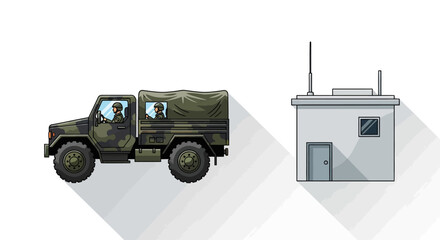 Obraz premium Military Vehicle and Bunker: Camouflage Truck on White Background