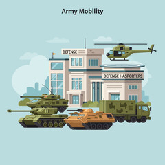Obraz premium Military Vehicles & Building Illustration: Army Mobility Concept