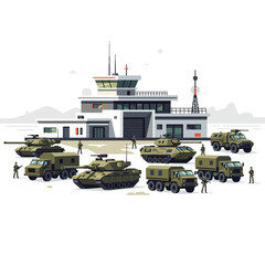 Obraz premium Military vehicles and control tower with soldiers illustration