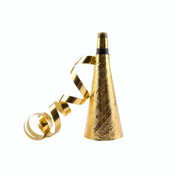 A vibrant golden party horn, elegantly designed with a conical shape and a festive coiled streamer, stands ready to announce joyous celebrations and exciting new beginnings, isolated against a clean w