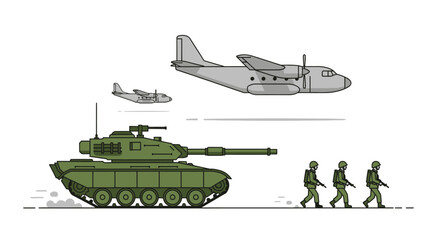 Obraz premium Military Vehicles & Soldiers: Tank, Aircraft & Infantry Illustration