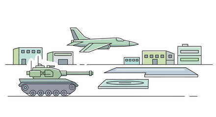 Obraz premium Military Vehicles and Buildings Illustration