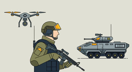 Obraz premium Military Vector Illustration: Soldier, Drone, and Armored Vehicle