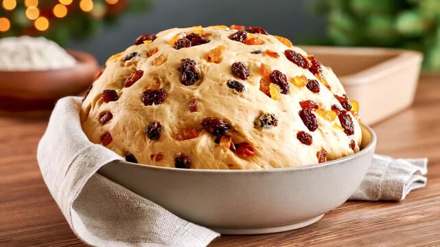 Fruit Bread Dough with Raisins Resting in Bowl for Christmas Baking