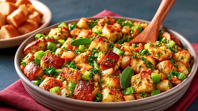 Homemade Bread Stuffing Ingredients in Casserole Dish for Holiday Dinner