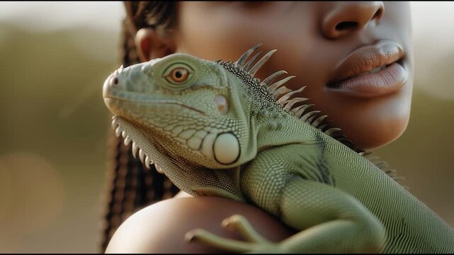 Close-up portrait of woman holding iguana on shoulder, exotic pet and human-animal connection concept with warm natural light and soft focus