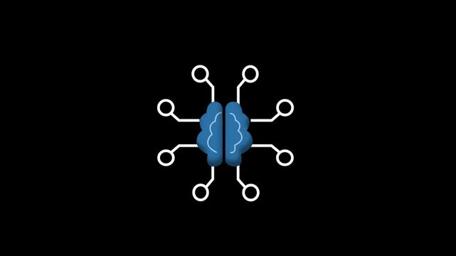 Microchip artificial brain processor with circuit board lines icon animation loop on black background.