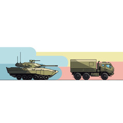 Obraz premium Military Vehicles: Tank and Truck Illustration Against Colorful Background