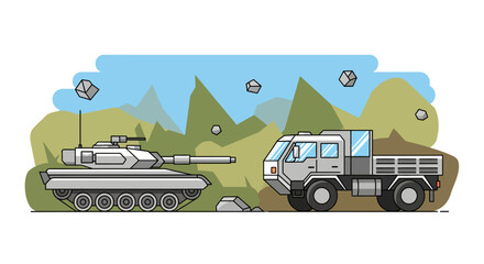 Obraz premium Military Vehicles: Tank and Truck on Battlefield Illustration