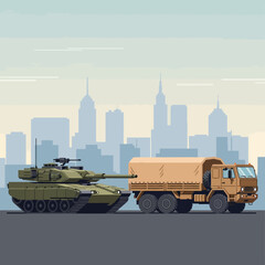 Obraz premium Military Vehicles: Tank and Truck Silhouettes in Cityscape