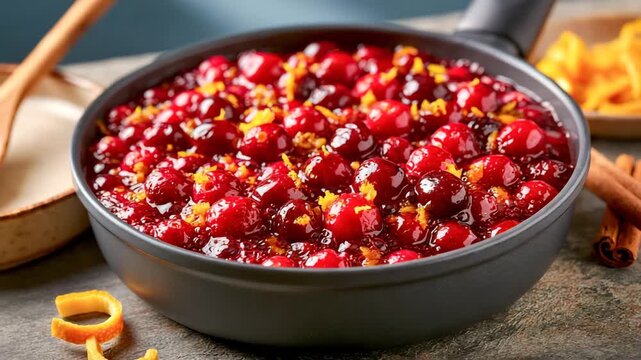 Fresh Cranberry Sauce Simmering with Orange Zest in Saucepan Close Up