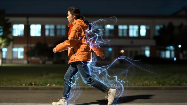 A woman runs at night, glowing light trails swirl behind her dynamically.