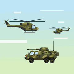 Obraz premium Military Vehicles and Helicopters in Flight - Vector Graphic
