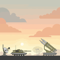 Obraz premium Military vehicles and radar under a cloudy sky