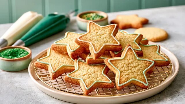 Star Shaped Christmas Cookies Cooling on Wire Rack with Icing Bags