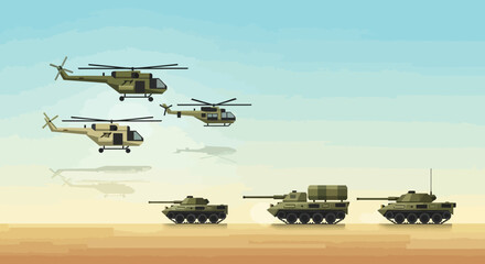 Obraz premium Military Vehicles: Helicopters and Tanks in Desert Landscape, Pixel Art