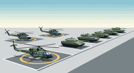 Obraz premium Military Vehicles: Helicopters and Tanks on a Military Base