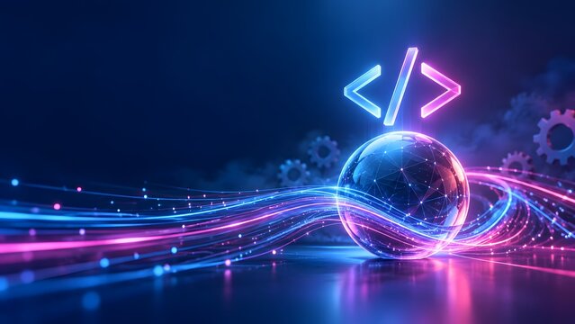 Glowing coding symbol over a network sphere with neon light trails and gears, illustrating software development, web programming, and automation