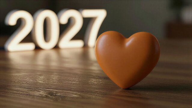 Brown heart on wooden table, 2027 in background.