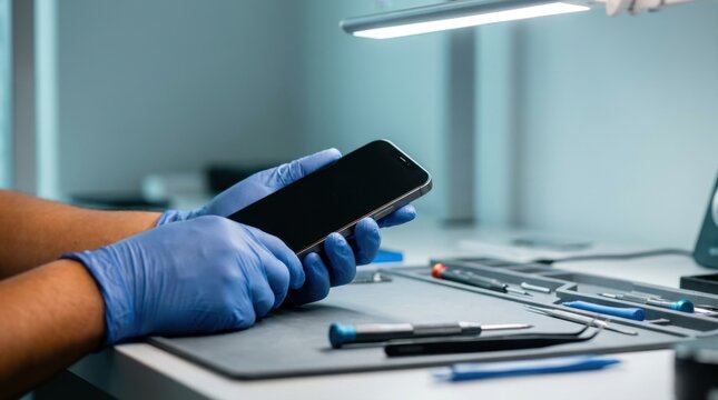 Technician Repairing Smartphone With Tools on Electronics Service Workbench