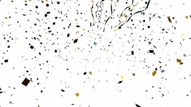 Multicolor confetti pieces and shiny metallic streamers explode and fall across an isolated white background in a 3D animation