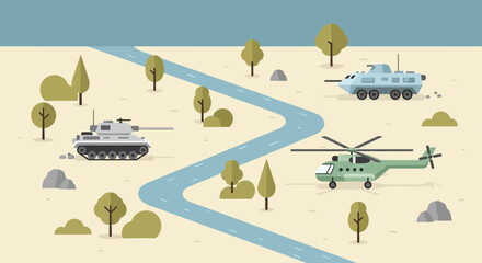 Obraz premium Military vehicles on a landscape vector illustration